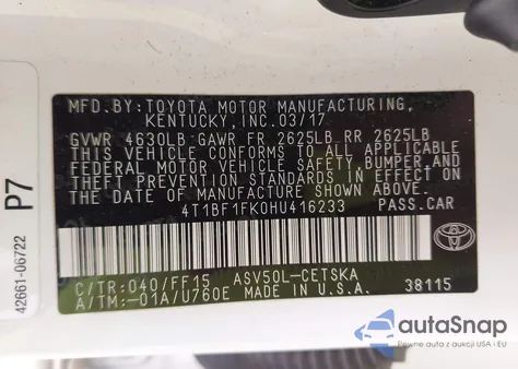 2017 Toyota Camry Se from USA, damaged, VIN 4T1BF1FK0HU416233